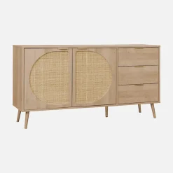 Buffet de rangement. Eva. décor bois et cannage arrondi. 2 portes 3 tiroirs. buffet bas. L 150 x l 39 x H 79cm