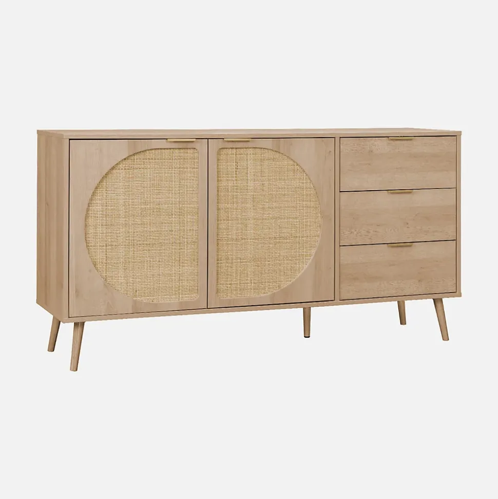 Buffet de rangement. Eva. décor bois et cannage arrondi. 2 portes 3 tiroirs. buffet bas. L 150 x l 39 x H 79cm