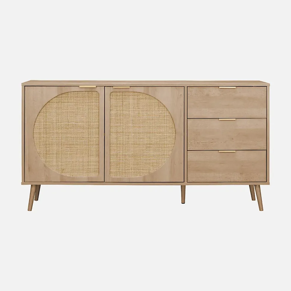 Buffet de rangement. Eva. décor bois et cannage arrondi. 2 portes 3 tiroirs. buffet bas. L 150 x l 39 x H 79cm