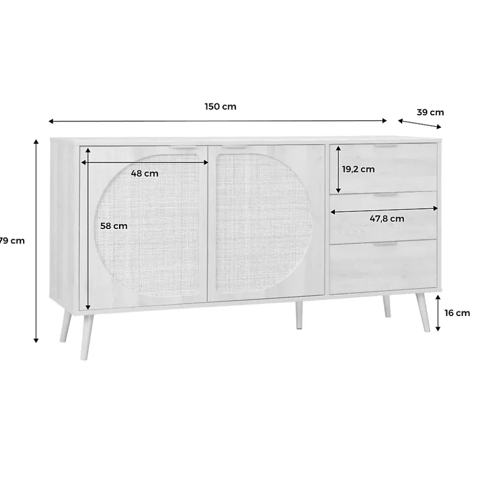 Buffet de rangement. Eva. décor bois et cannage arrondi. 2 portes 3 tiroirs. buffet bas. L 150 x l 39 x H 79cm