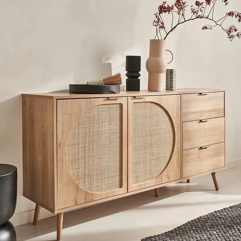 Buffet de rangement. Eva. décor bois et cannage arrondi. 2 portes 3 tiroirs. buffet bas. L 150 x l 39 x H 79cm