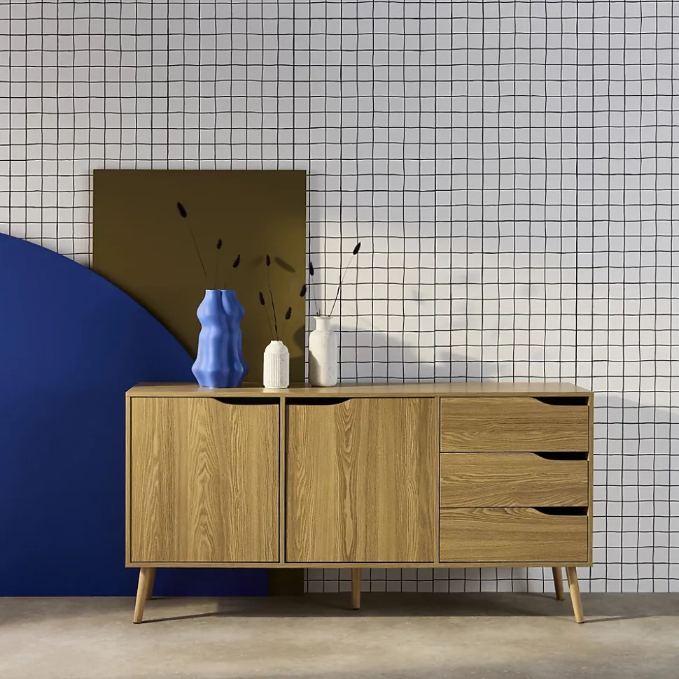 Buffet de rangement scandinave. buffet haut. vaisselier. 2 portes. 3 tiroirs. effet frêne. 160cm