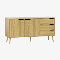 Buffet de rangement scandinave. buffet haut. vaisselier. 2 portes. 3 tiroirs. effet frêne. 160cm