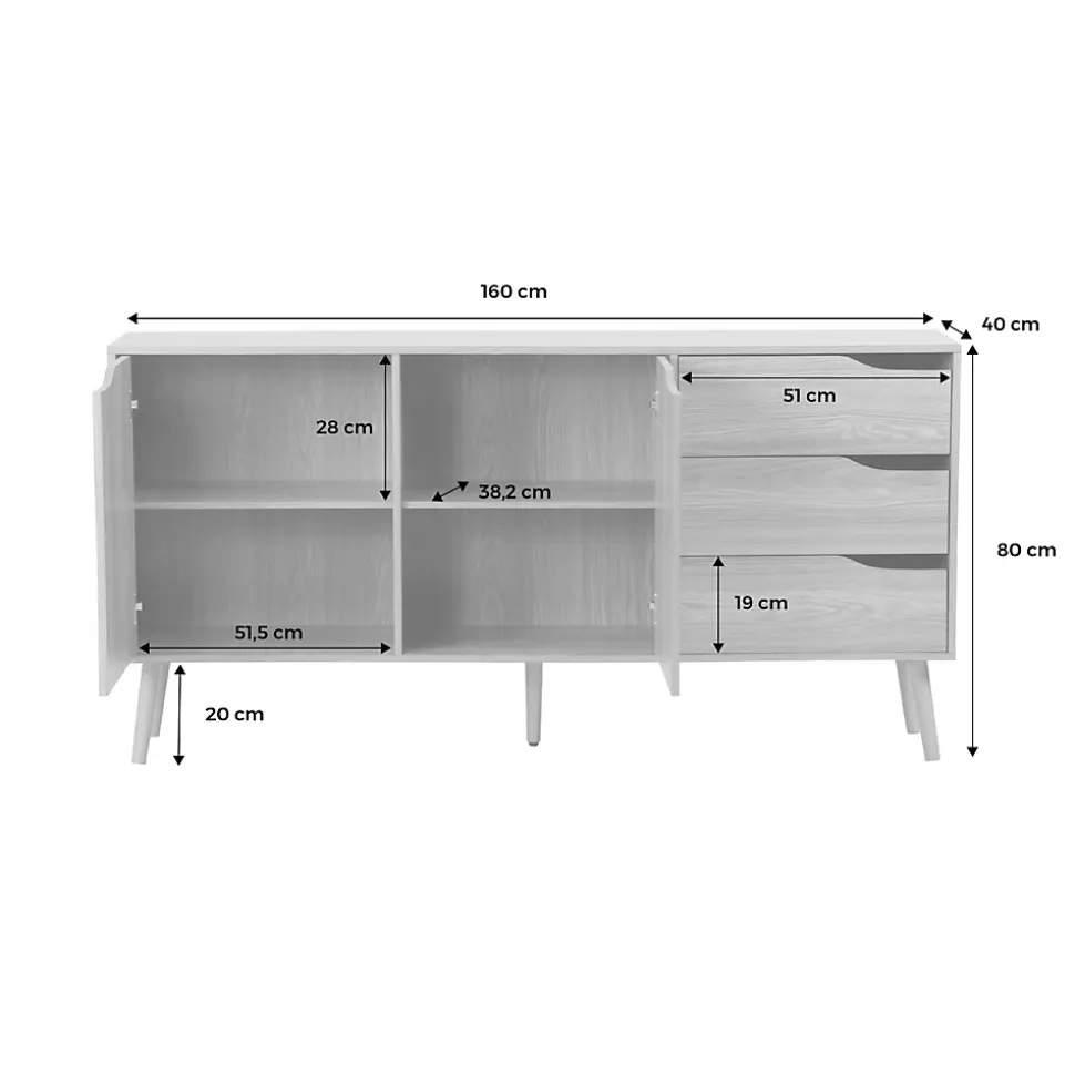 Buffet de rangement scandinave. buffet haut. vaisselier. 2 portes. 3 tiroirs. effet frêne. 160cm