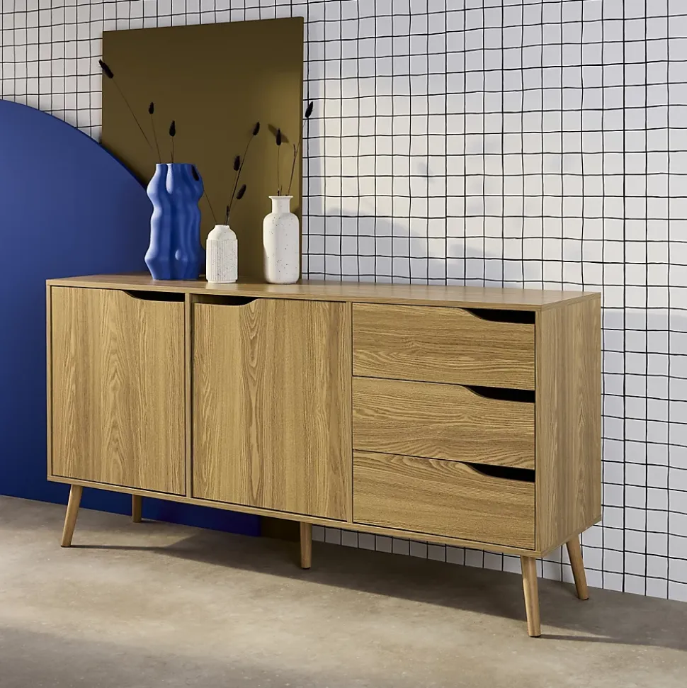Buffet de rangement scandinave. buffet haut. vaisselier. 2 portes. 3 tiroirs. effet frêne. 160cm