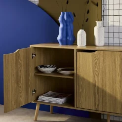 Buffet de rangement scandinave. buffet haut. vaisselier. 2 portes. 3 tiroirs. effet frêne. 160cm