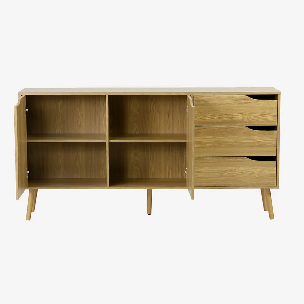 Buffet de rangement scandinave. buffet haut. vaisselier. 2 portes. 3 tiroirs. effet frêne. 160cm