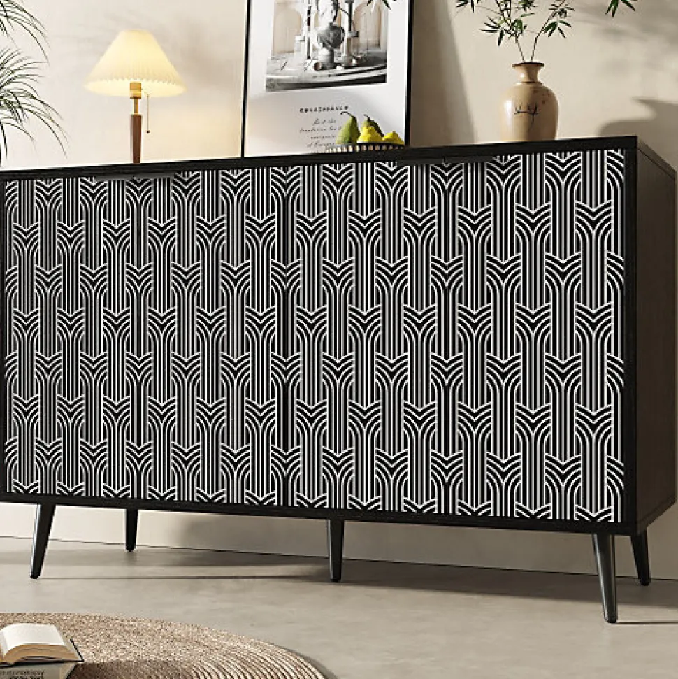 Buffet de rangement 120x35x78 cm noir avec portes sculptées motif chevrons style moderne
