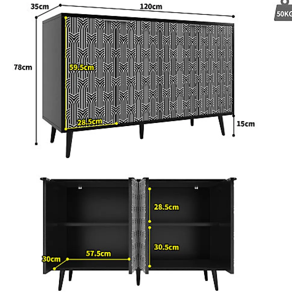 Buffet de rangement 120x35x78 cm noir avec portes sculptées motif chevrons style moderne