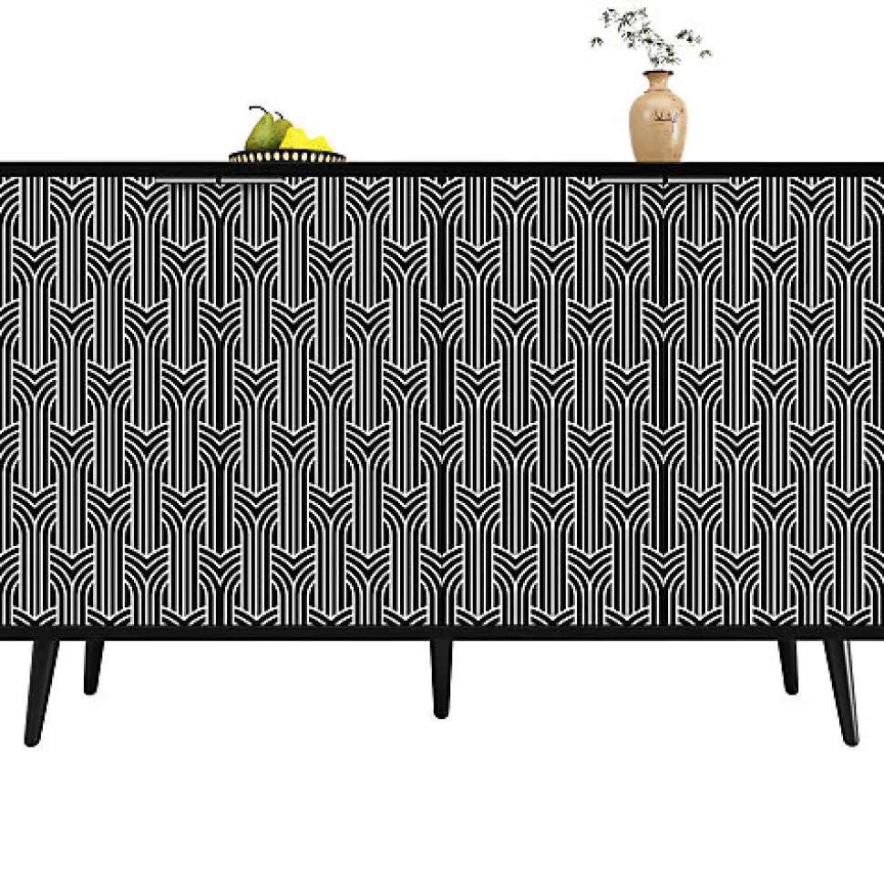 Buffet de rangement 120x35x78 cm noir avec portes sculptées motif chevrons style moderne