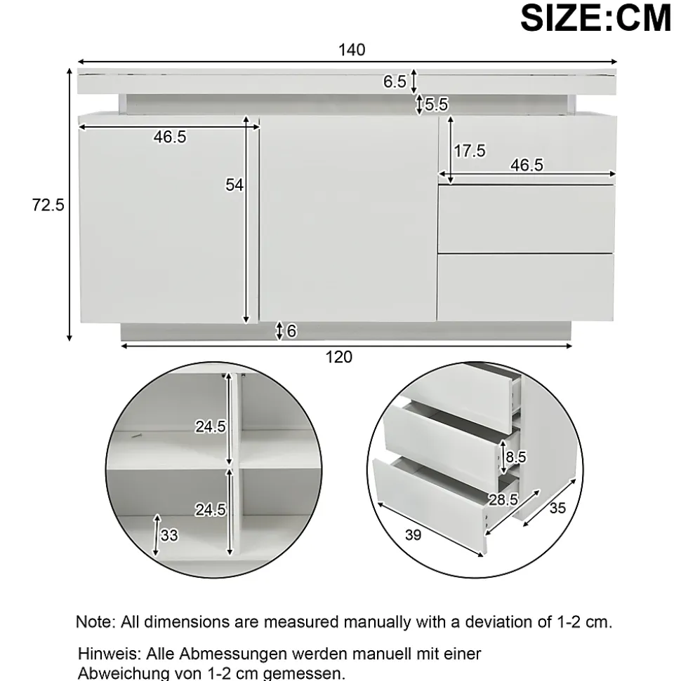 Buffet De Salon Moderne, 2 Portes, 3 Tiroirs, Avec Éclairage LED, 140 X 35 X 72,5 Cm - Blanc