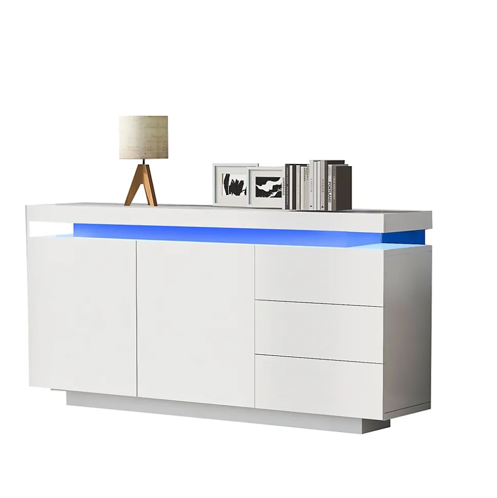Buffet De Salon Moderne, 2 Portes, 3 Tiroirs, Avec Éclairage LED, 140 X 35 X 72,5 Cm - Blanc
