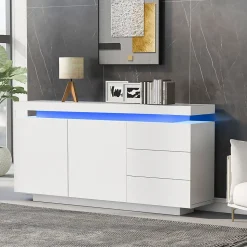 Buffet De Salon Moderne, 2 Portes, 3 Tiroirs, Avec Éclairage LED, 140 X 35 X 72,5 Cm - Blanc