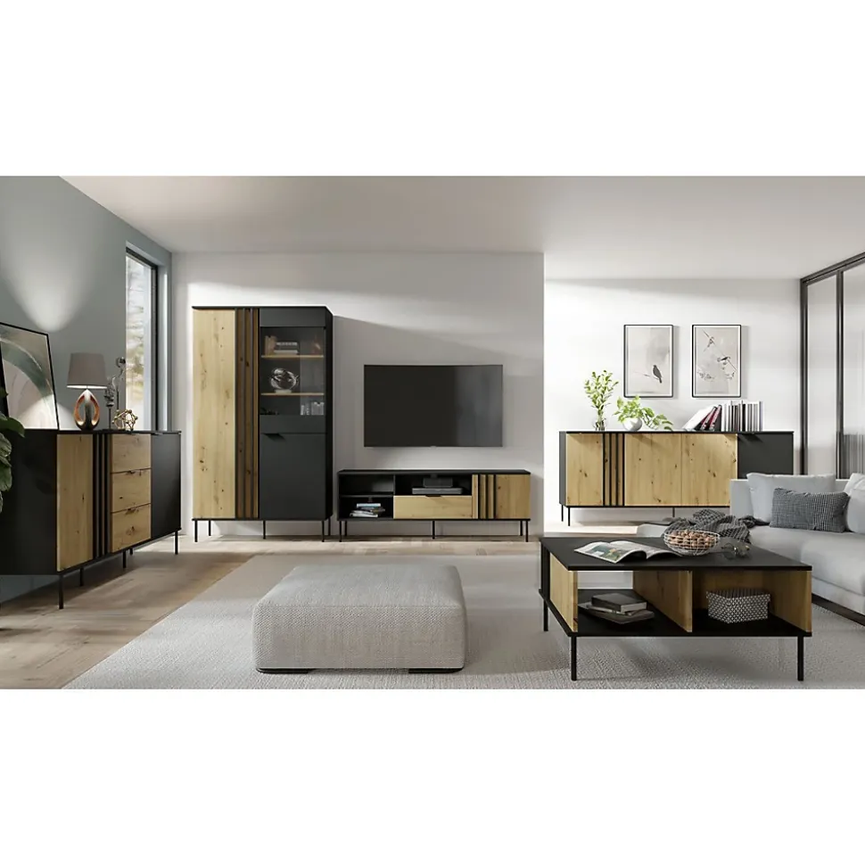 Buffet design IZO 4 portes Noir onyx & Chene clair 220x92x40 cm