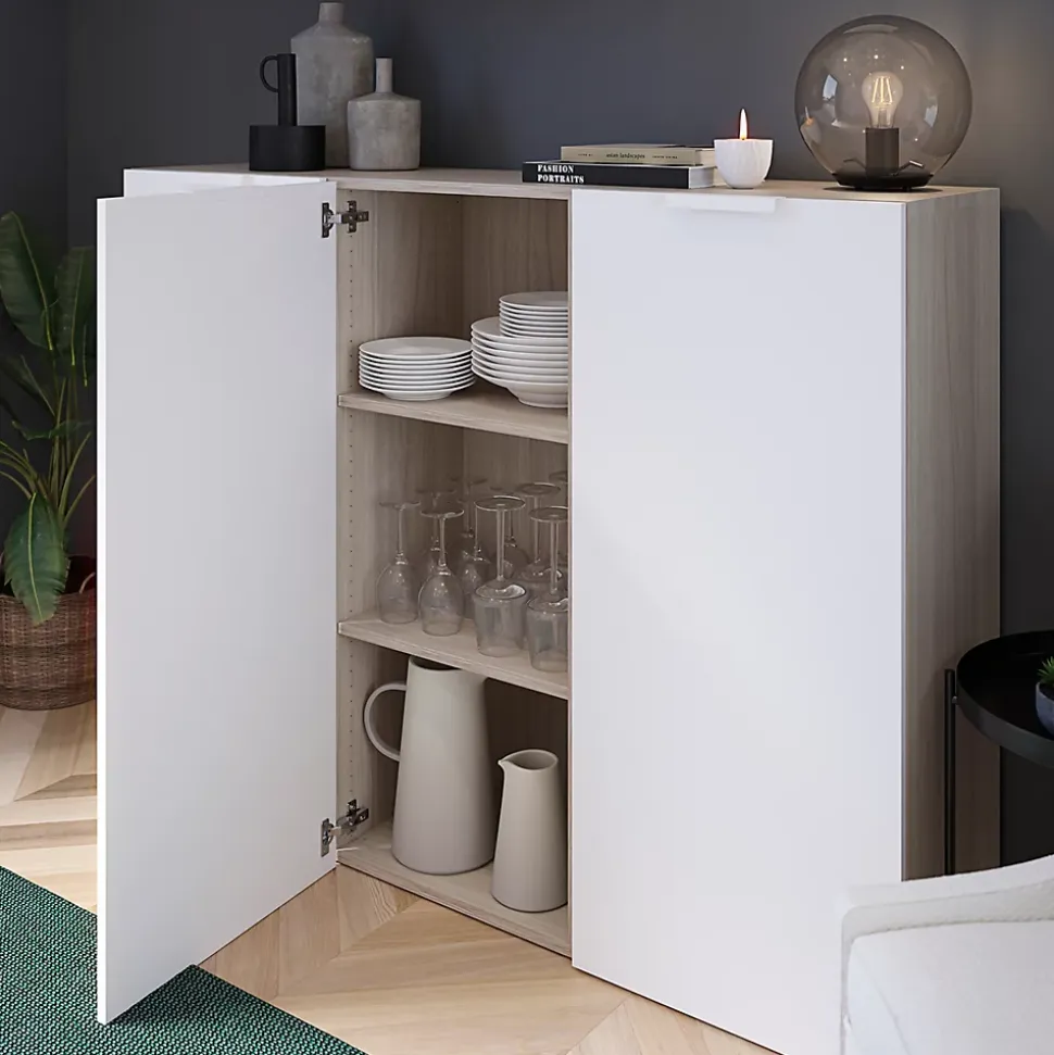 Buffet effet chêne 9 cases 3 portes blanches GoodHome Atomia H. 112,5 x L. 150 x P. 37 cm