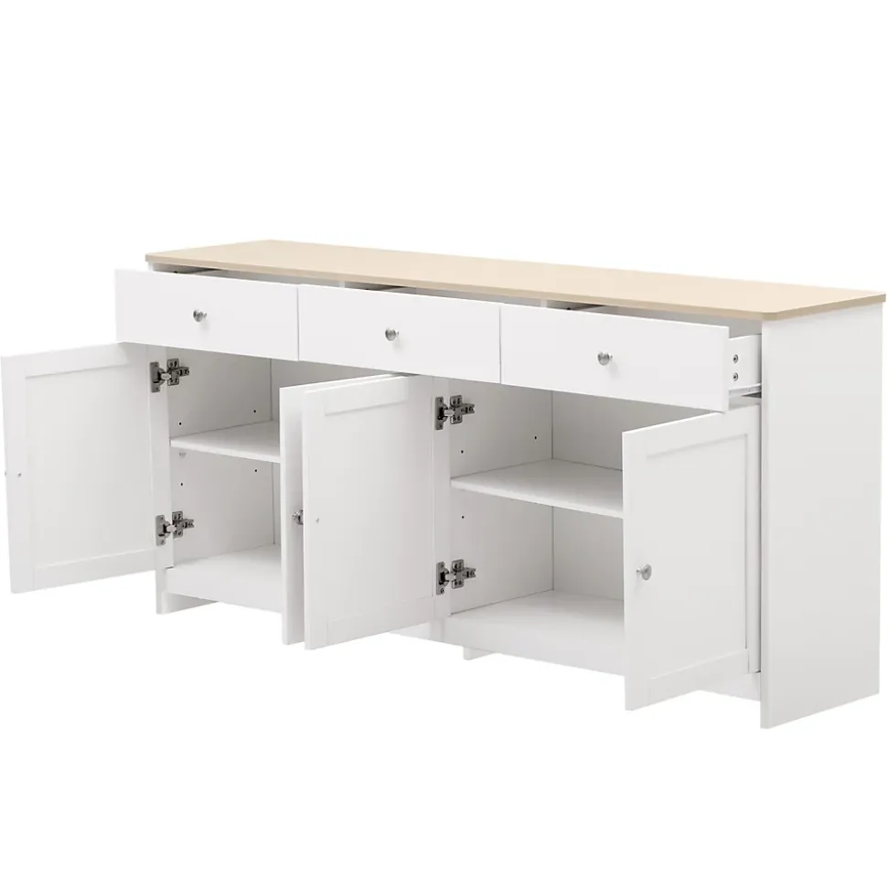 Buffet en Bois Blanc, Meuble de Rangement, Quatre Portes, Trois Tiroirs, étagère réglable, Cuisine,160X37X75CM