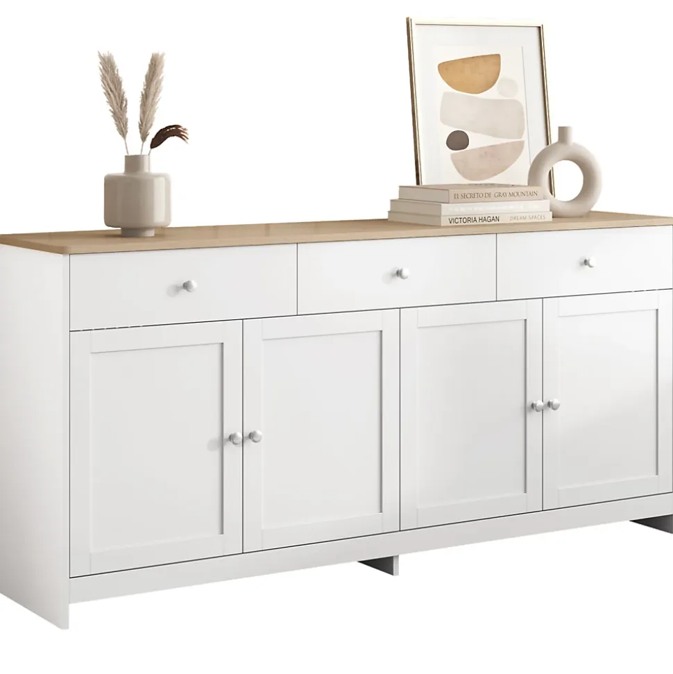 Buffet en Bois Blanc, Meuble de Rangement, Quatre Portes, Trois Tiroirs, étagère réglable, Cuisine,160X37X75CM