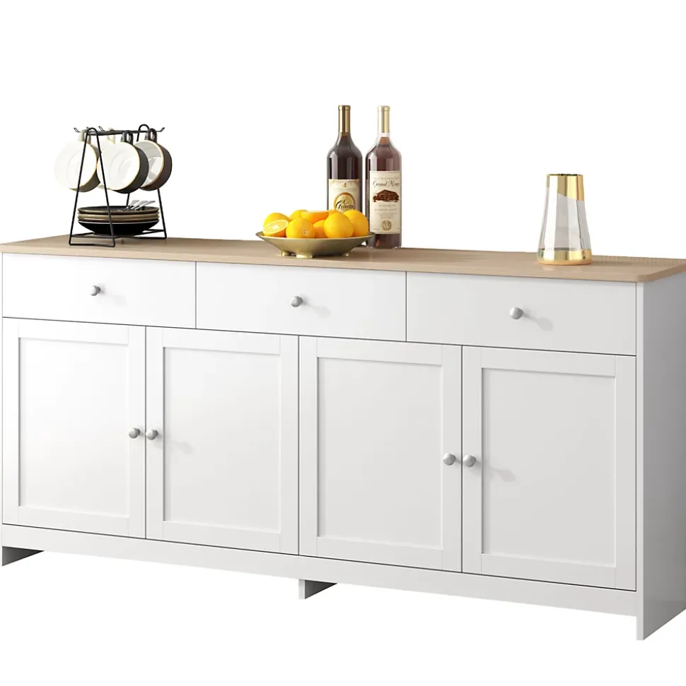 Buffet en Bois Blanc, Meuble de Rangement, Quatre Portes, Trois Tiroirs, étagère réglable, Cuisine,160X37X75CM