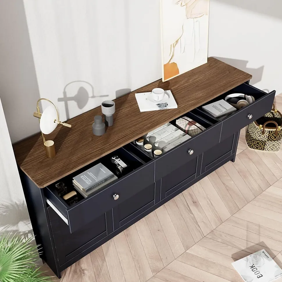 Buffet En Bois,160X 37 X75CM, Quatre Portes, Trois Tiroirs, Couleur Bois Et Gris Noir