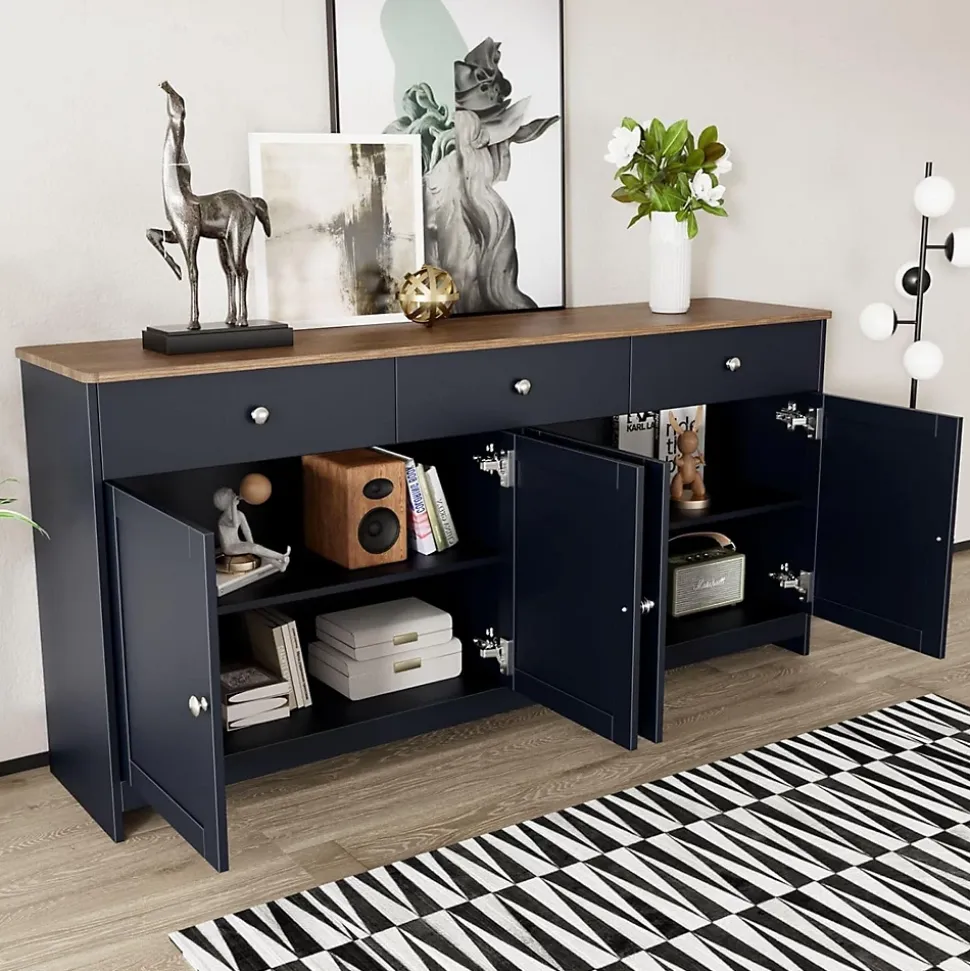 Buffet En Bois,160X 37 X75CM, Quatre Portes, Trois Tiroirs, Couleur Bois Et Gris Noir