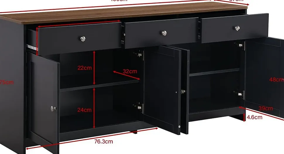 Buffet En Bois,160X 37 X75CM, Quatre Portes, Trois Tiroirs, Couleur Bois Et Gris Noir