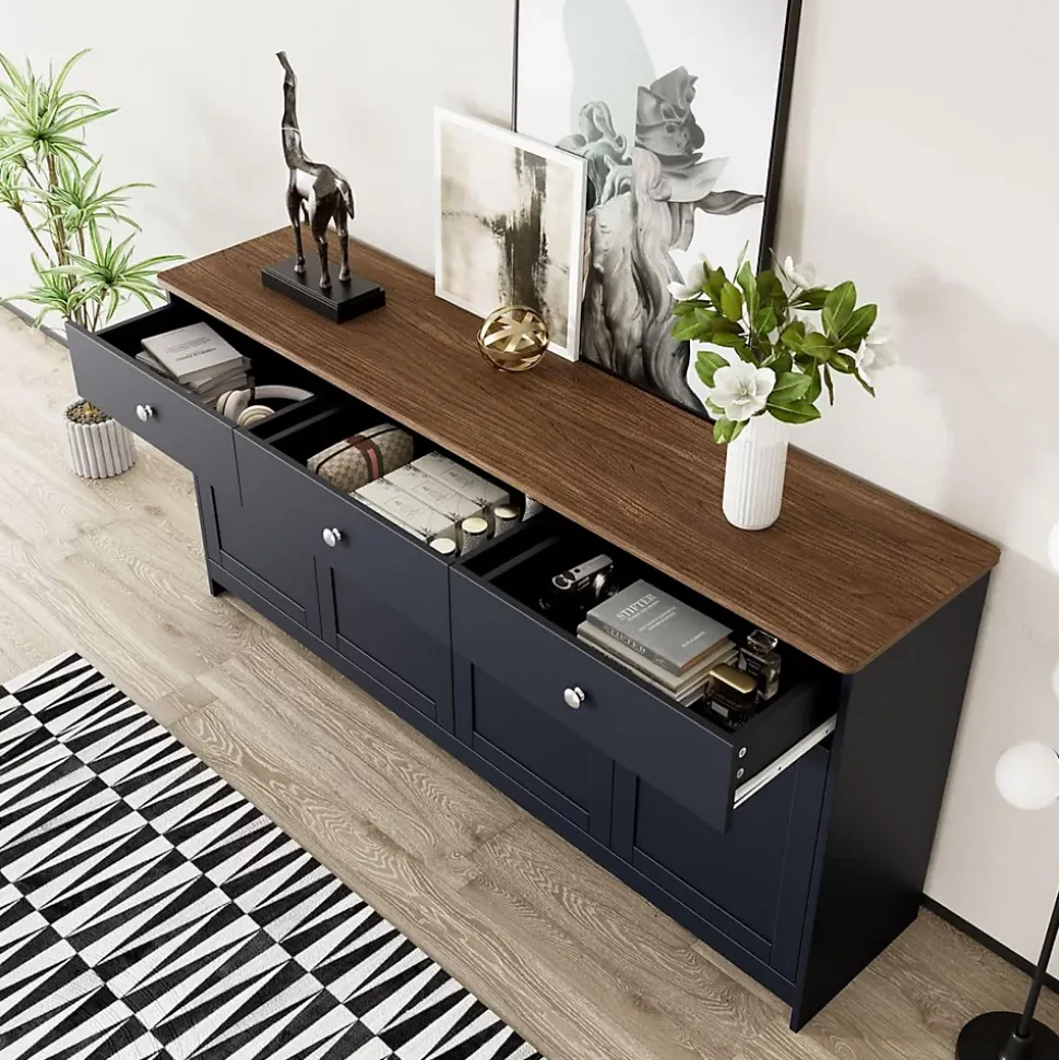 Buffet En Bois,160X 37 X75CM, Quatre Portes, Trois Tiroirs, Couleur Bois Et Gris Noir