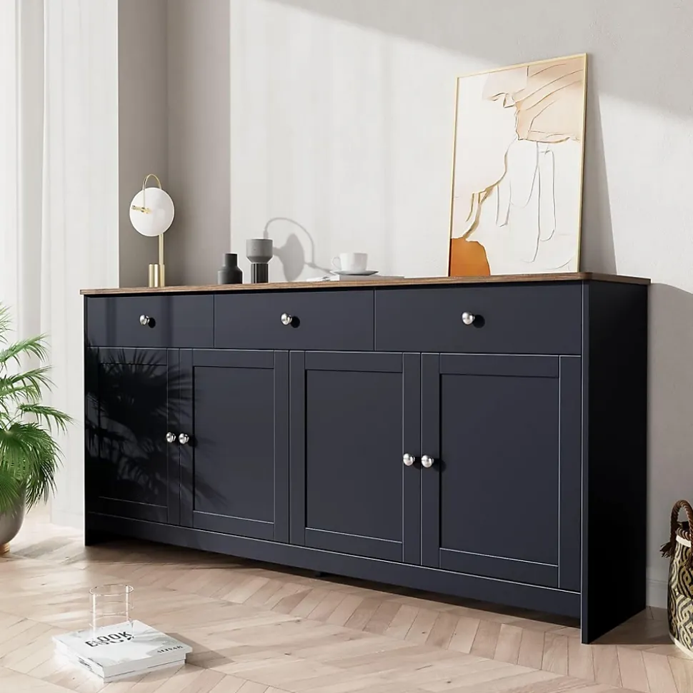 Buffet En Bois,160X 37 X75CM, Quatre Portes, Trois Tiroirs, Couleur Bois Et Gris Noir