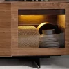 Buffet en noyer et acier noir avec éclairage intérieur