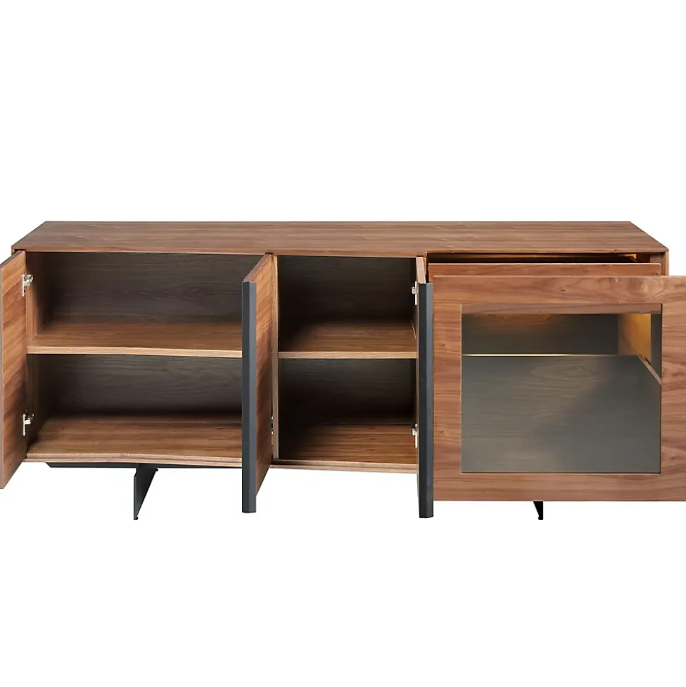 Buffet en noyer et acier noir avec éclairage intérieur
