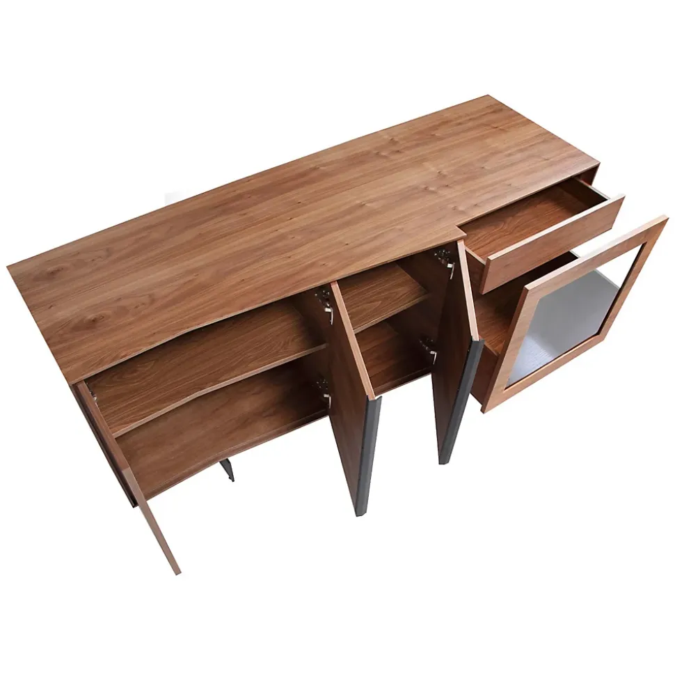 Buffet en noyer et acier noir avec éclairage intérieur