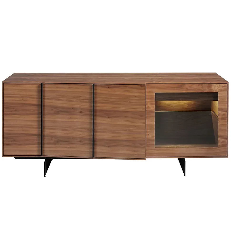 Buffet en noyer et acier noir avec éclairage intérieur