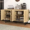 Buffet en rotin véritable, 140 x 39,5 x 80 cm, avec 4 portes, aspect bois, pieds noirs mat et poignées dorées, couleur bois