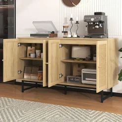 Buffet en rotin véritable, 140 x 39,5 x 80 cm, avec 4 portes, aspect bois, pieds noirs mat et poignées dorées, couleur bois