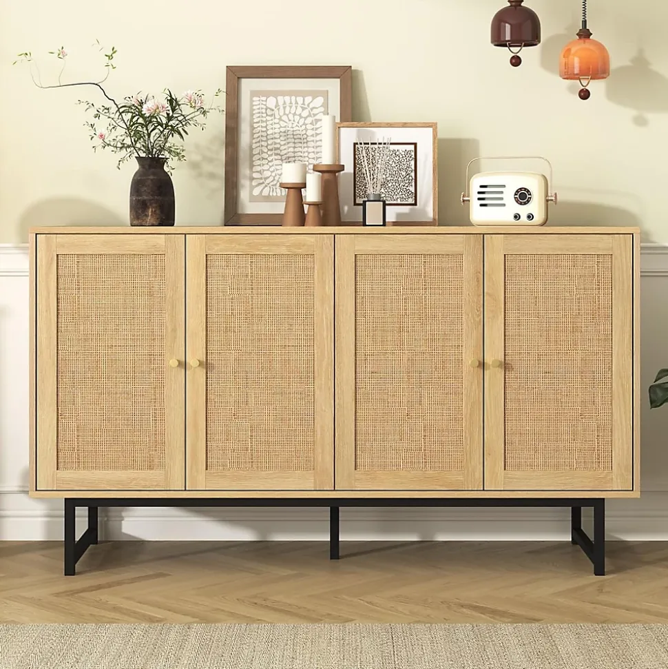 Buffet en rotin véritable, 140 x 39,5 x 80 cm, avec 4 portes, aspect bois, pieds noirs mat et poignées dorées, couleur bois