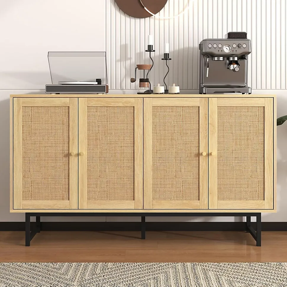 Buffet en rotin véritable, 140 x 39,5 x 80 cm, avec 4 portes, aspect bois, pieds noirs mat et poignées dorées, couleur bois