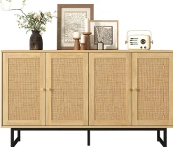 Buffet en rotin véritable, 140 x 39,5 x 80 cm, avec 4 portes, aspect bois, pieds noirs mat et poignées dorées, couleur bois