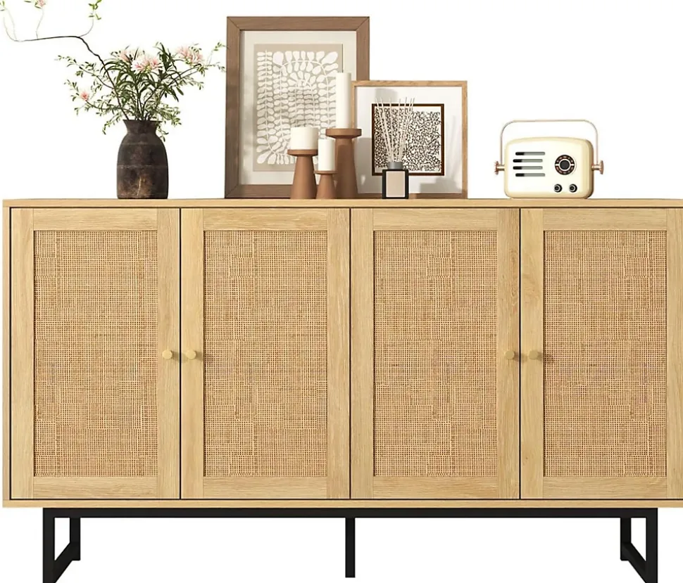 Buffet en rotin véritable, 140 x 39,5 x 80 cm, avec 4 portes, aspect bois, pieds noirs mat et poignées dorées, couleur bois