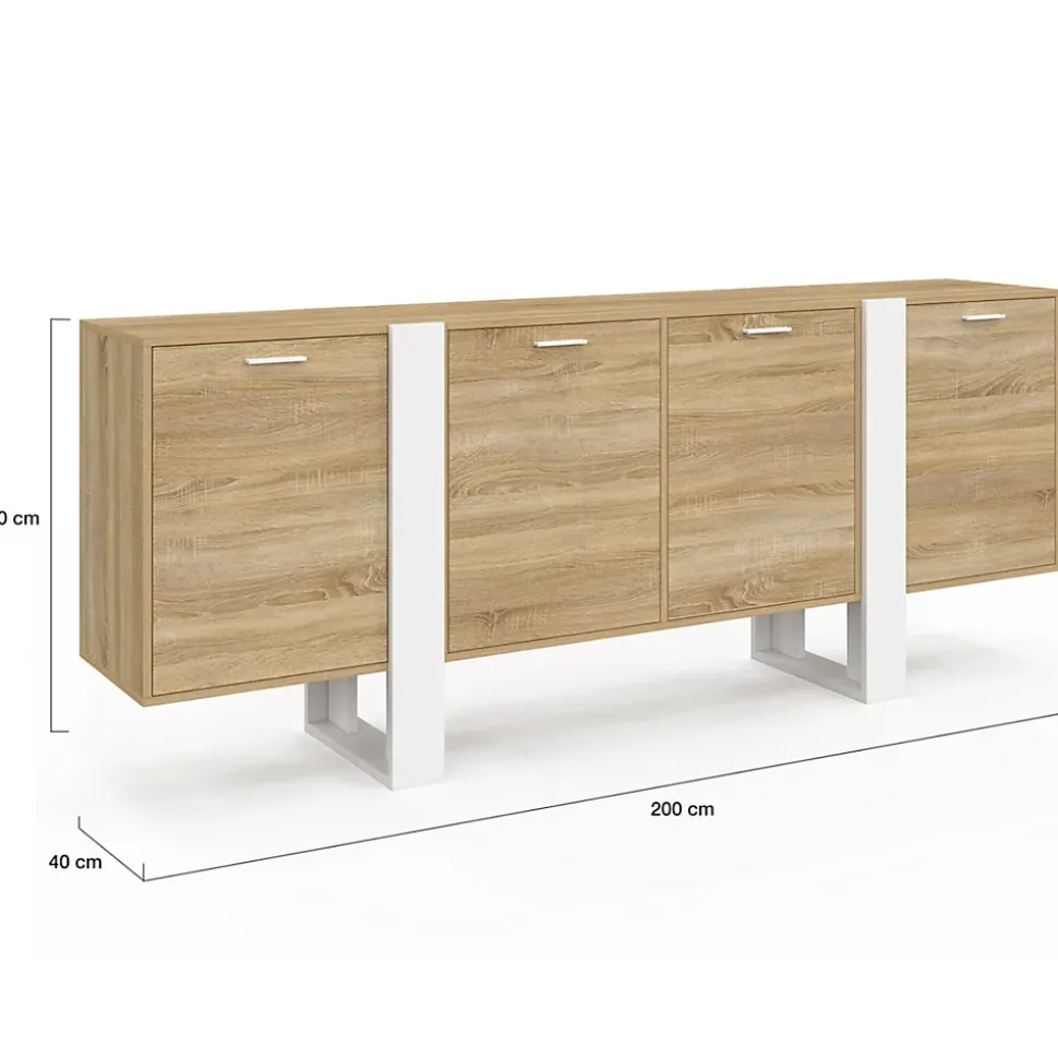 Buffet enfilade 200 cm PHOENIX XXL 4 portes bois et blanc