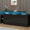 Buffet Finition Brillante LED Intégré et 2 Portes, Meuble de Rangement en Panneaux de Particules et Verre - 160x35x70 cm - Noir