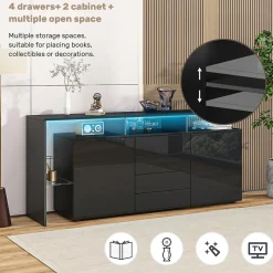 Buffet Finition Brillante LED Intégré et 2 Portes, Meuble de Rangement en Panneaux de Particules et Verre - 160x35x70 cm - Noir