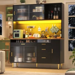 Buffet Haut - Armoire de Rangement avec Panneau Perforé et LED Intégrée - avec Tiroirs et Étagères Ajustables - en MDF - Noir