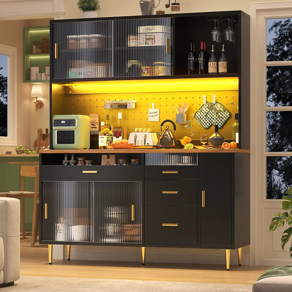 Buffet Haut - Armoire de Rangement avec Panneau Perforé et LED Intégrée - avec Tiroirs et Étagères Ajustables - en MDF - Noir