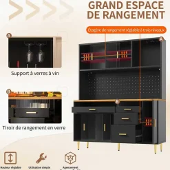 Buffet Haut - Armoire de Rangement avec Panneau Perforé et LED Intégrée - avec Tiroirs et Étagères Ajustables - en MDF - Noir