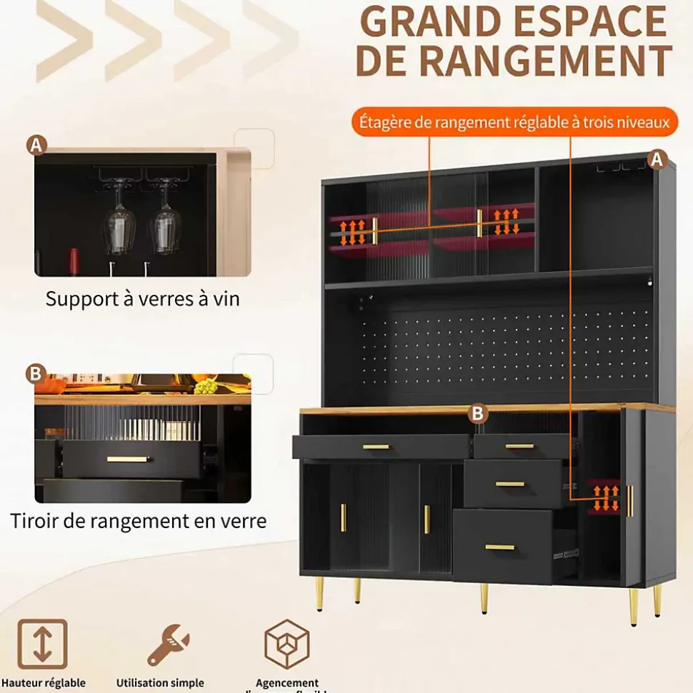 Buffet Haut - Armoire de Rangement avec Panneau Perforé et LED Intégrée - avec Tiroirs et Étagères Ajustables - en MDF - Noir