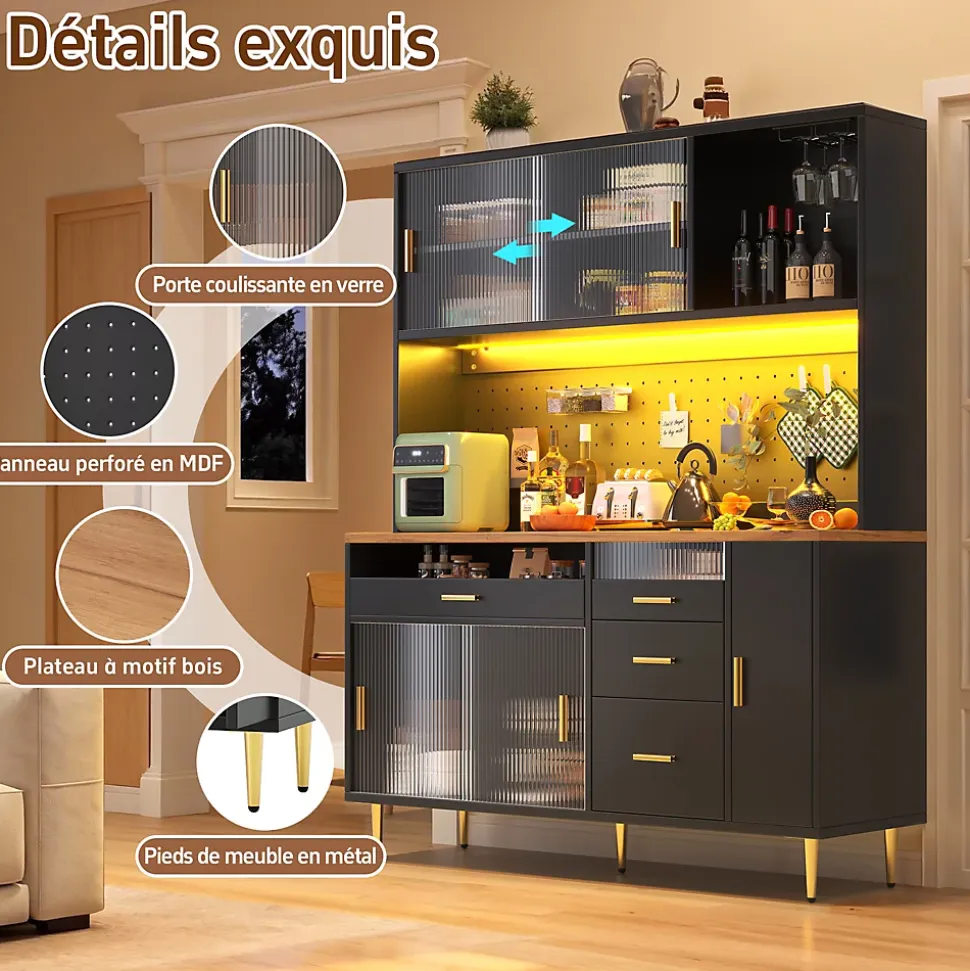 Buffet Haut - Armoire de Rangement avec Panneau Perforé et LED Intégrée - avec Tiroirs et Étagères Ajustables - en MDF - Noir
