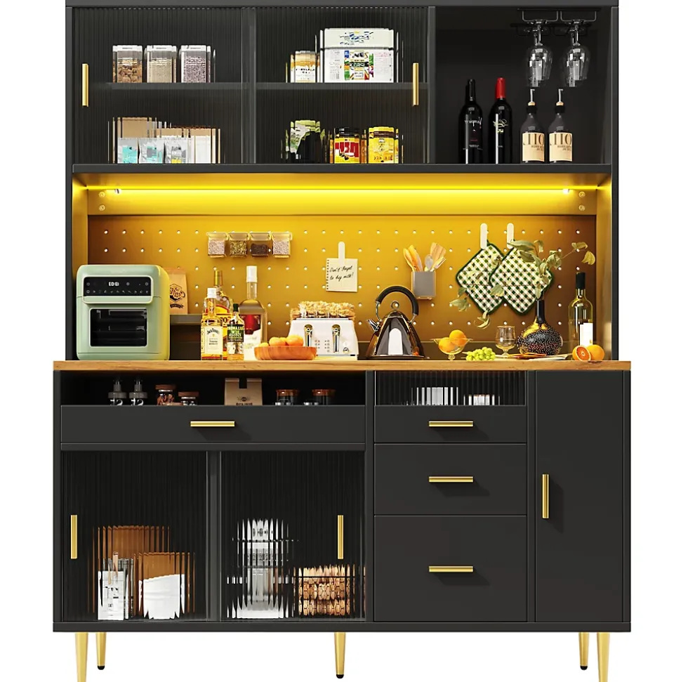 Buffet Haut - Armoire de Rangement avec Panneau Perforé et LED Intégrée - avec Tiroirs et Étagères Ajustables - en MDF - Noir