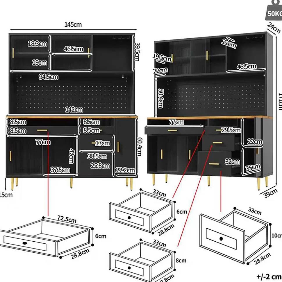 Buffet Haut - Armoire de Rangement avec Panneau Perforé et LED Intégrée - avec Tiroirs et Étagères Ajustables - en MDF - Noir