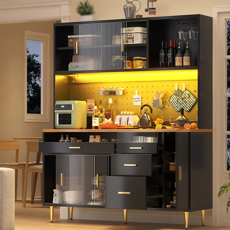 Buffet Haut - Armoire de Rangement avec Panneau Perforé et LED Intégrée - avec Tiroirs et Étagères Ajustables - en MDF - Noir