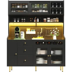 Buffet Haut - Armoire de Rangement avec LED et Étagères Réglables - avec Tiroirs et Porte-Bouteilles - en MDF - Noir