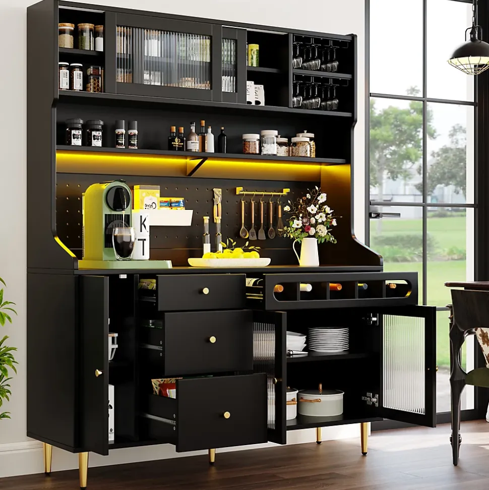 Buffet Haut - Armoire de Rangement avec LED et Étagères Réglables - avec Tiroirs et Porte-Bouteilles - en MDF - Noir